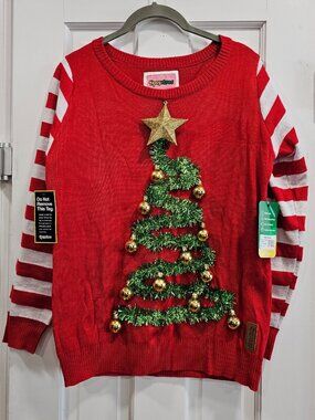 New Tipsy Elves Tinsel Christmas Tree Sweater Womens Small 3D Gold Ornaments Red
